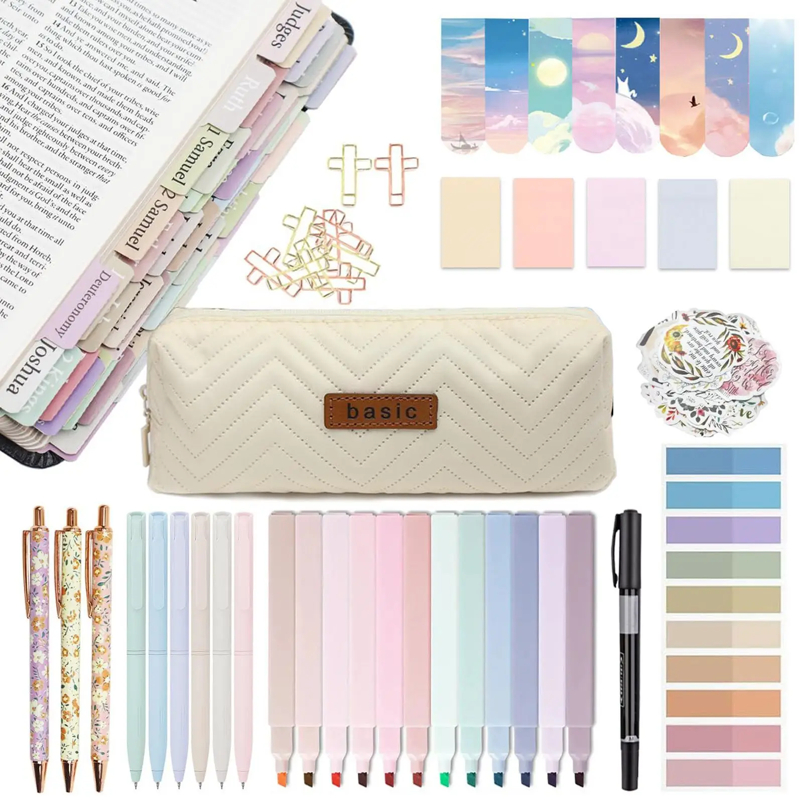 Bible Study Supplies Journaling Kit, 1 Set Writing Tools Including Pen & Marker & Tab & Clip & Pen Case & Sticker Notes & Bookmark & Highlight, School