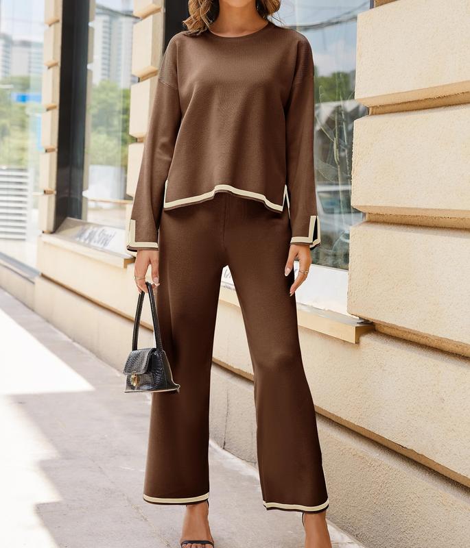 Women's 2 Piece Fall Knit Sweater Set Long Sleeve Tops Wide Leg Pants Sweatsuit Tracksuit Outfit Winter Clothing