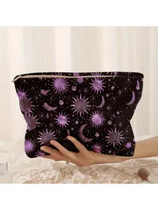 Purple Moon & Star Print Corduroy Makeup Bag, Travel Cosmetic Bags - Lightweight Travel Cosmetic Organizer With Secure Zipper, Spacious Interior & Inner Lining - Multi-Functional Toiletry Pouch For Women, Celestial Motif Design