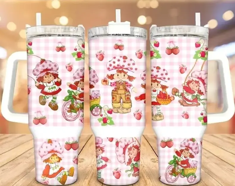 [Cute Strawberry Style] Strawberry Shortcake Tumbler 40oz With Handle, Sweet Strawberry Dessert Artwork Stainless Steel Insulated Travel Cup, Cute Gift For Her Friend Gift