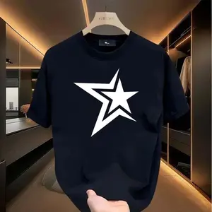 Five-pointed star design T-shirt, cool, handsome, good-looking, unisex, men's round Neck street style summer and spring, casual, clothing, simple and trendy, party and outdoor activities, youthful vitality, men's daily wear tops