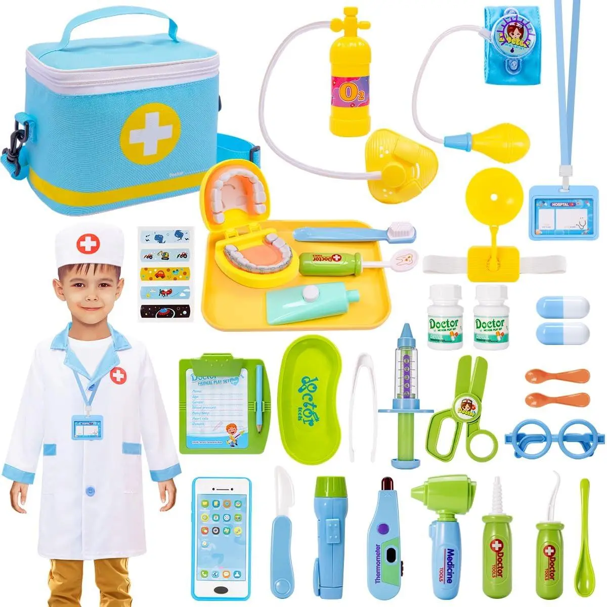Child-Sized Colored Plastic Doctor Theme Playset for 3-6 Years Toddlers, Dentist Role Play Kit with Dental Tools, Kids Pretend Toy, Birthday Gift for Boys, Dentist Play Kit