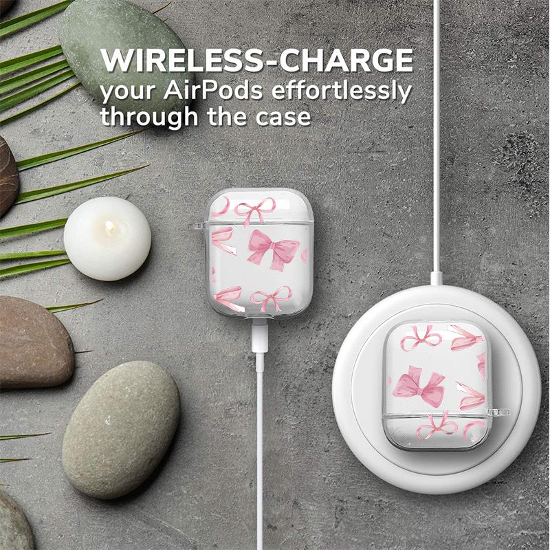 Pink Bow Delight Pattern Protective Case for AirPods 4/3/2/1/Pro/Pro2 Soft TPU Earphone Cover, Transparent with Keychain