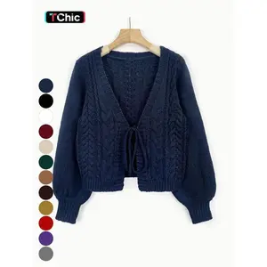 Women’s solid long-sleeve tie-front cardigan sweater, casual V-neck lantern-sleeve knitwear for spring, women’s V-neck cardigan, crochet top, tops for women, women’s clothing for daily wear, vintage clothing, winter womenswear