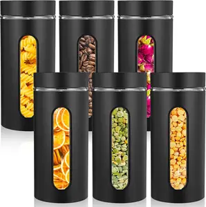 6 Pack Kitchen Canisters Set Airtight Stainless Steel Canister  Storage Container with Window Glass, Coffee Sugar Candy Jars  Organizer for Flour Cookies (Black,44 oz)