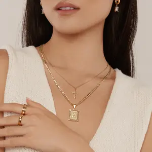 Gold Layered Initial Cross Necklace, 14K Gold Plated Layering Square Letter Pendant Figaro Chain Cross Choker from A-Z Capital Jewelry for Women Girls & Jewelry for Christmas Gifts