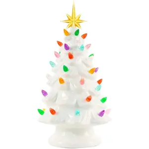 13 Inch Ceramic Christmas Tree, Tabletop Christmas Tree with Multicolored LED Lights and Star, Battery Operated Vintage Lighted Ceramic Tree for Home Office Table Holiday Decorations, White