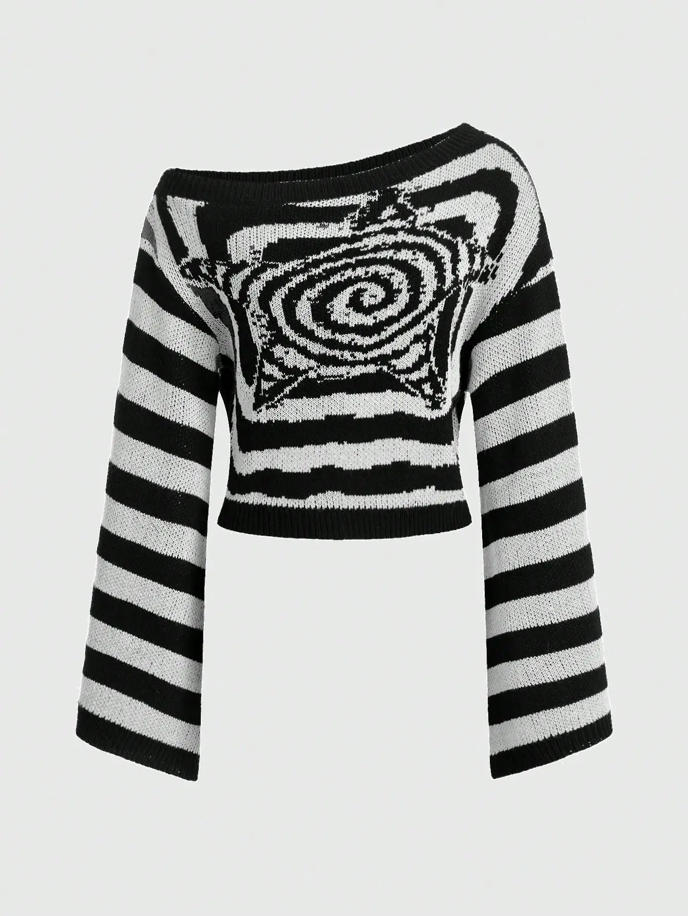 LALUZ Women's Grunge Punk Asymmetrical Collar Striped Sweater With Star Pattern Long Sleeve Oversized Pullover Knit Top Fall Winter Fashion Streetwear