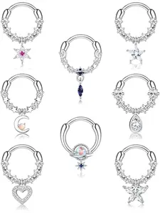 8pcs Septum Rings Set, Dangle Teardrop Design, Blue Planet & Clear Cz, Star Daith Earrings, Moon Cartilage Tragus Helix Nose Rings, Body Piercings Set, Body Piercing Jewelry