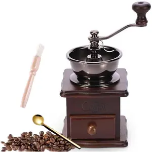 Vintage Style Wooden Manual Hand Coffee Grinder Burr Mill with Ceramic Hand Crank and Cleaning Brush (Dark Brown Upgraded Version)