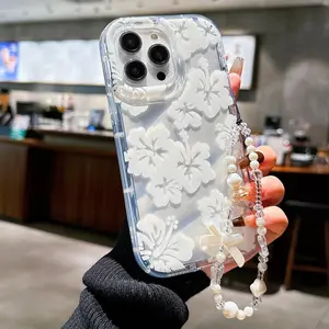 Flower Pattern Phone Case with Beaded Lanyard, Anti-drop Decorative Phone Protector Cover, Phone Accessories Compatible with iPhone