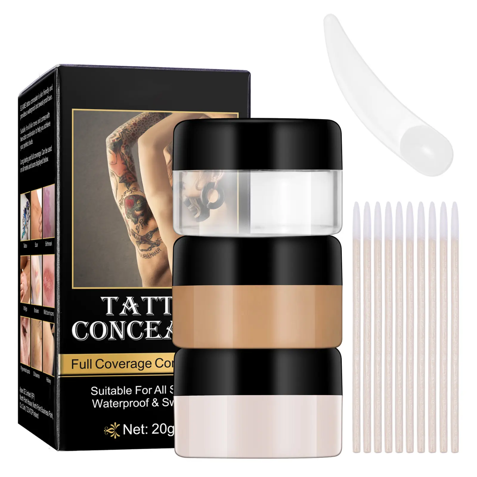 Professional Tattoo Concealer, 2-Color Full Coverage Waterproof Camouflage Cream, Light/Medium, Body Makeup Cream for Scars, Birthmarks, Dark Circles, Long-Lasting, 20g