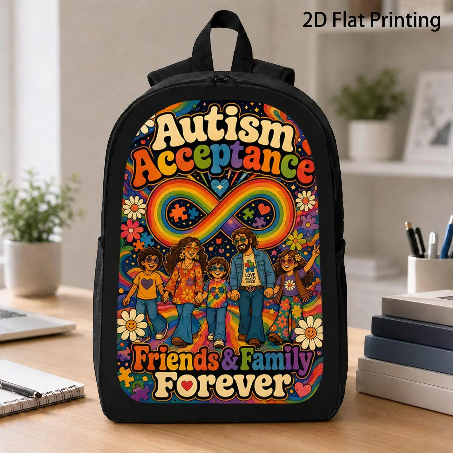 17 Inch Art Backpack Autism Acceptance Retro Hippie Family Friends Forever Floral Rainbow Infinity Puzzle Design Support Backpack for Work Travel and Daily Use