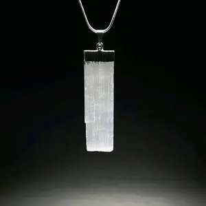 Selenite Crystal Pendant Necklace - Rectangle Stone, Snake Chain, 18 or 24 Inches