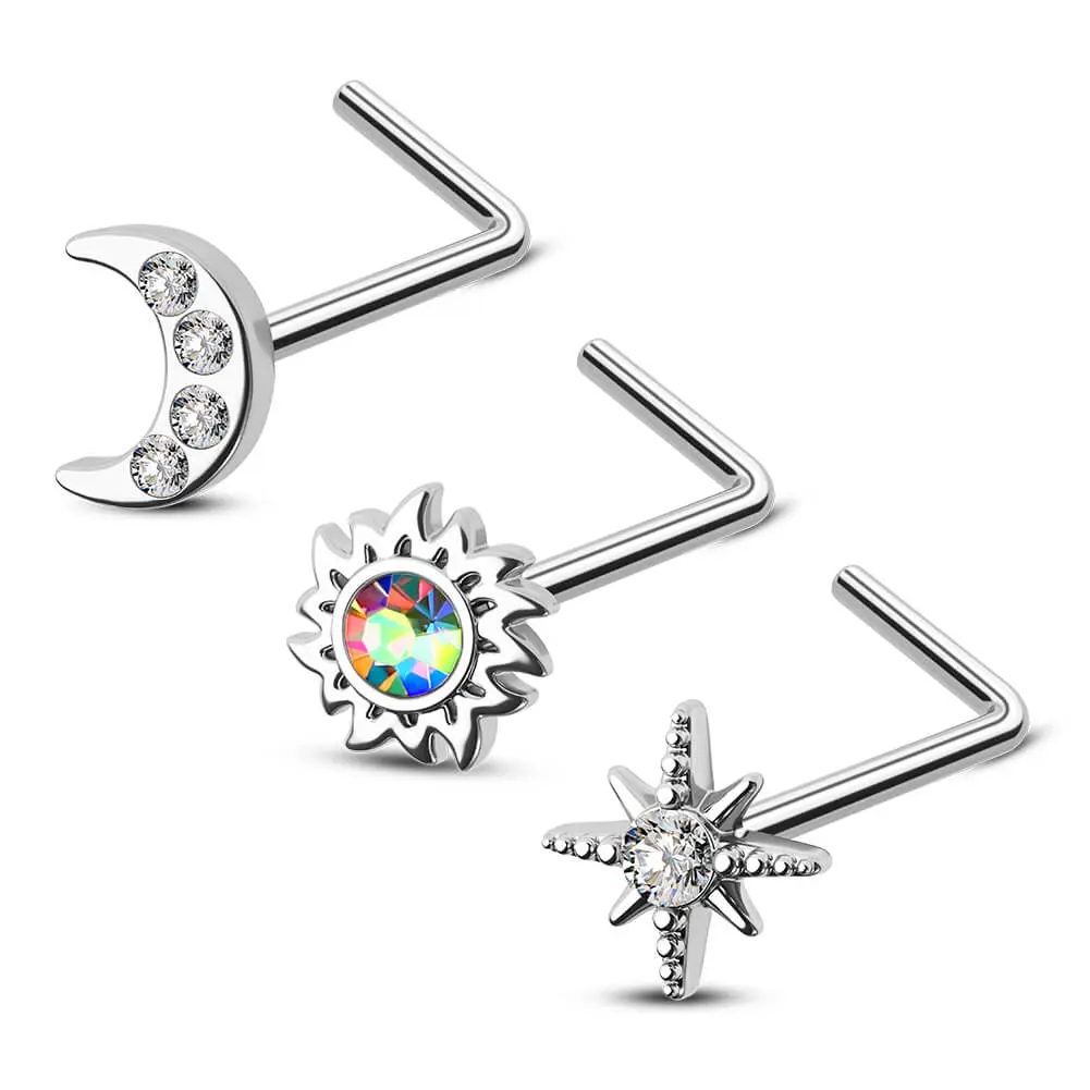 Oufer 3PCS 20G Sun/Moon/Star L-Shaped Nose Studs Set