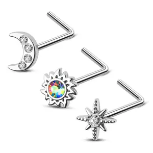 Oufer 3PCS 20G Sun/Moon/Star L-Shaped Nose Studs Set