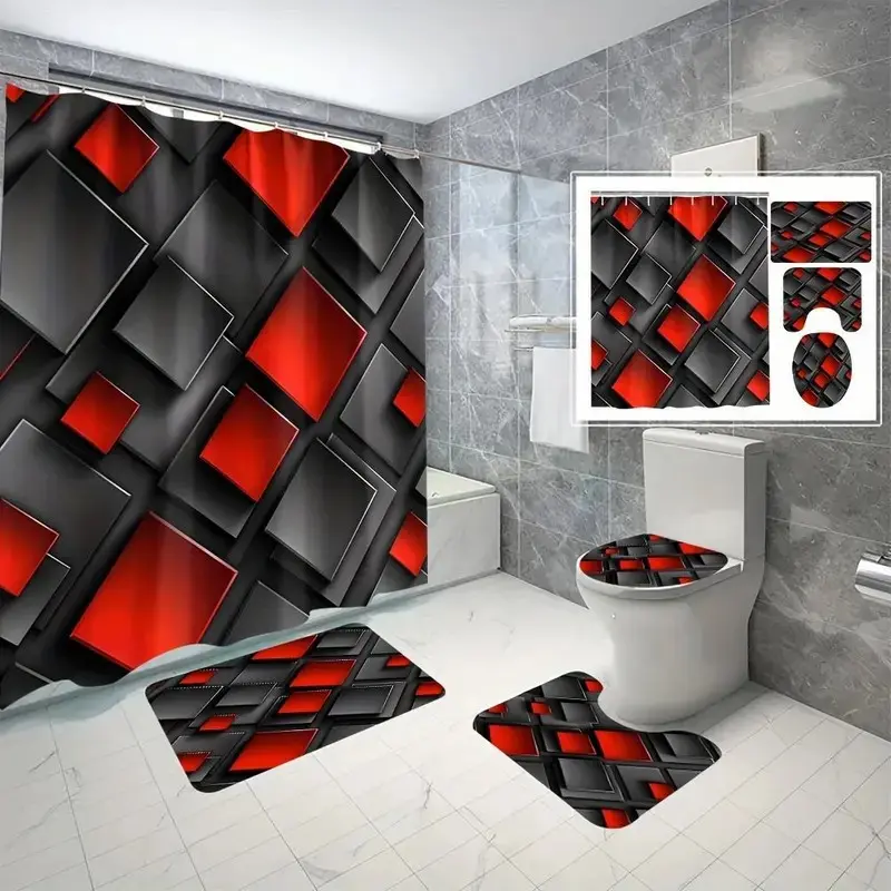 1/4pc geometric pattern bathroom accessories, Restroom bathroom accessories, shower curtain set, including shower curtain, toilet seat cover, rectangular mat, and U-shaped mat, perfect for bathroom decoration, includes 12 shower curtain hooks