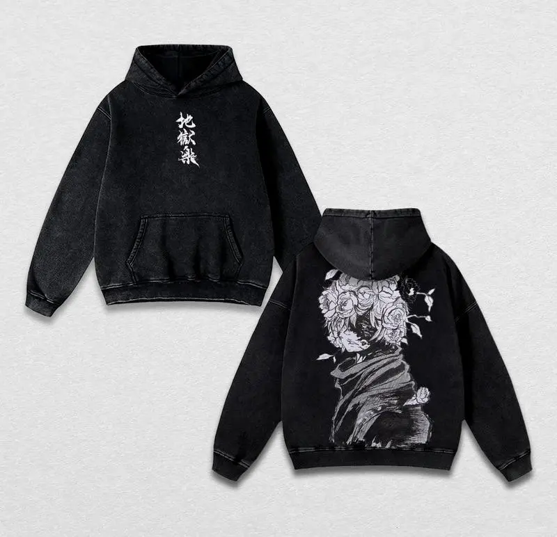 Hell’s Paradise Gabimaru Washed Hoodie – Vintage Floral Graphic Oversized Anime Sweatshirt, Manga Pullover, Unisex Streetwear