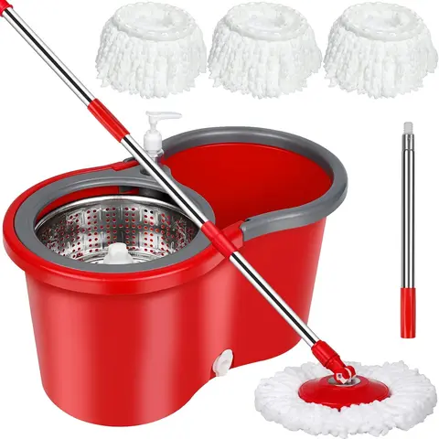 Absorbent Vinyl Spin Mop & Plastic Bucket Set with Box - 3 Microfiber Replaceable Heads, 360° Rotatable Fast Wring System, Adjustable Sturdy Handle, Stainless Steel Accent, Easy 1-Hand Cleaning Tool for Home Goods General Cleaning