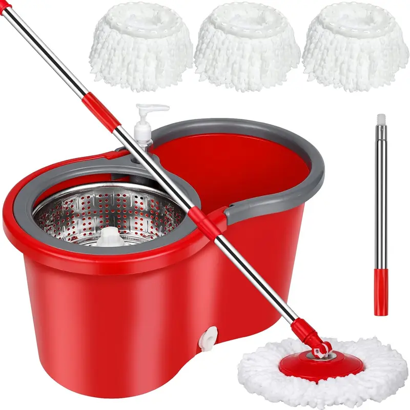 Absorbent Vinyl Spin Mop & Plastic Bucket Set with Box - 3 Microfiber Replaceable Heads, 360° Rotatable Fast Wring System, Adjustable Sturdy Handle, Stainless Steel Accent, Easy 1-Hand Cleaning Tool for Home Goods General Cleaning
