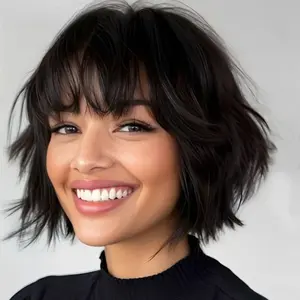 Fashion New STYLE ICON 150% Density Short Deep Wavy Bob Wig with Bangs - 8 Inch Brazilian Remy Human Hair Wig for Women, Loose Wave Style, Machine Made Ready to Go, Natural Look for Daily Wear, Short Hair Wig, Versatile Hairpiece, Elegant Hairpiece