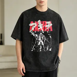 Men's Vintage Washed T-Shirt Akira Character With Gun And City Background Oversized Graphic Tee Outdoor Casual Short Sleeve