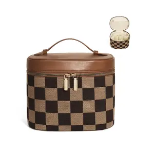 Fashion Checkered Pattern Makeup Bag, Travel Make up Case with Compartments and Handle, Portable Cosmetic Organizer Bags, With Removable Divider Toiletry Bag for Women, Makeup Storage Bag, Handheld Cosmetic Pouch, Cosmetics Bag