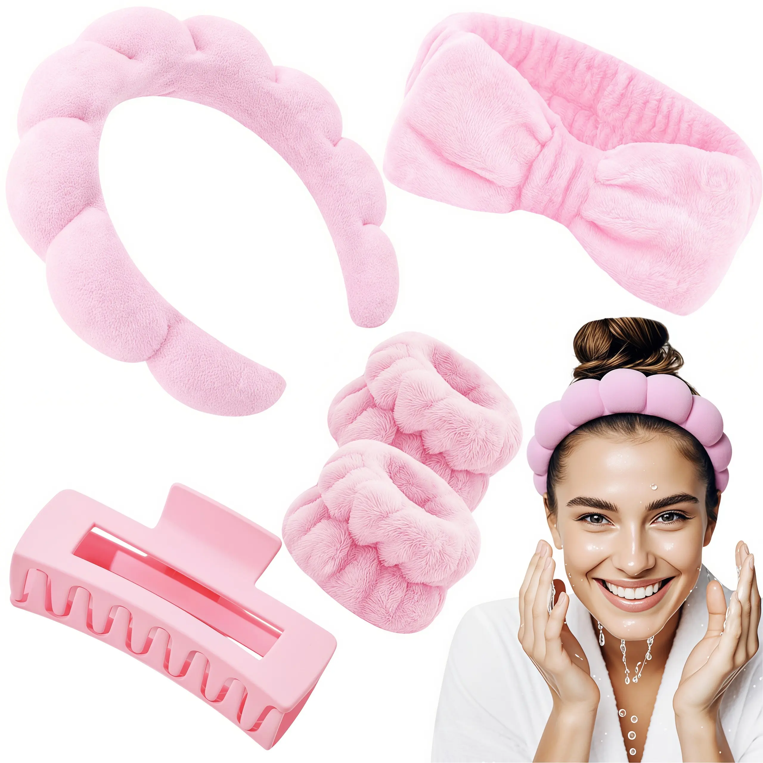 LMMAKE 5pcs Assorted Set Headbands and Face Washing Wristbands - Women's Premium Terry Cloth Skin Care Accessories for Facial Cleansing, Puffy Makeup Removal