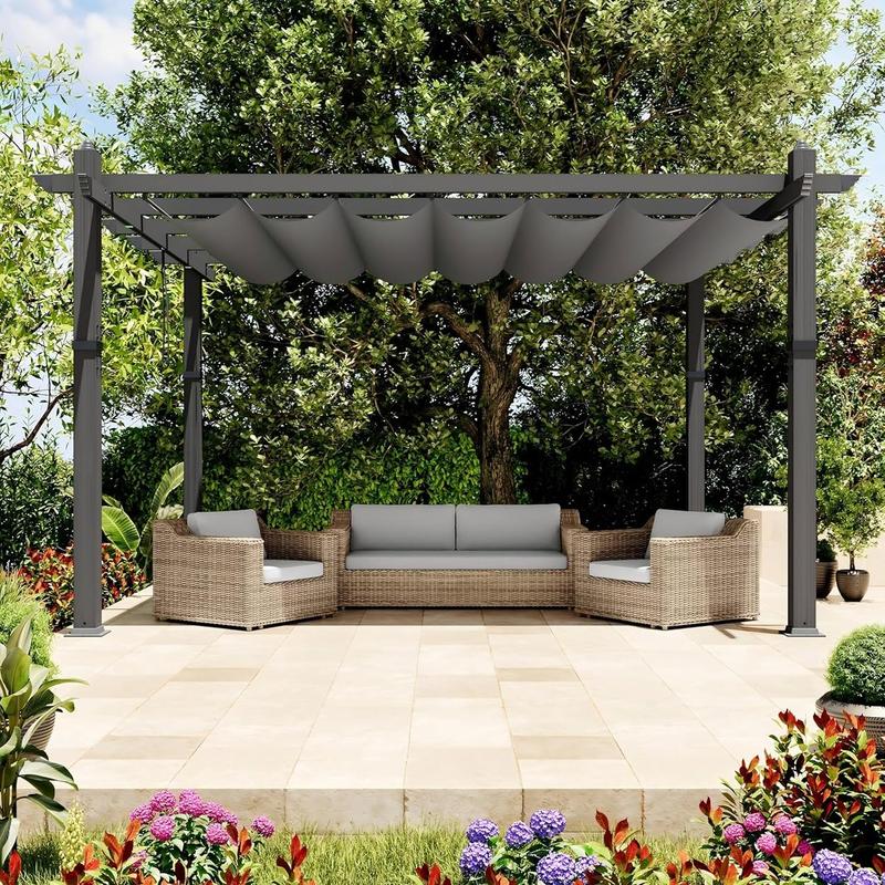 10X10 FT / 10X13 FT Wood-Grain Aluminum Pergola Outdoor Pergola with Retractable Canopy Sun Shade Shelter for Garden, Patio, Backyard, Deck