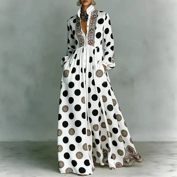 Women's New 2026 Bohemian Polka Dot Slim Fit Big Hemline Puff Sleeves Stand Collar Maxi Dress, Tribal Print Long Sleeve Button-Front Dress with Pockets, Vacation Shirt  Dress, Tall Length (Ladies with C - Cup and Above Need To Order Two Size Up)