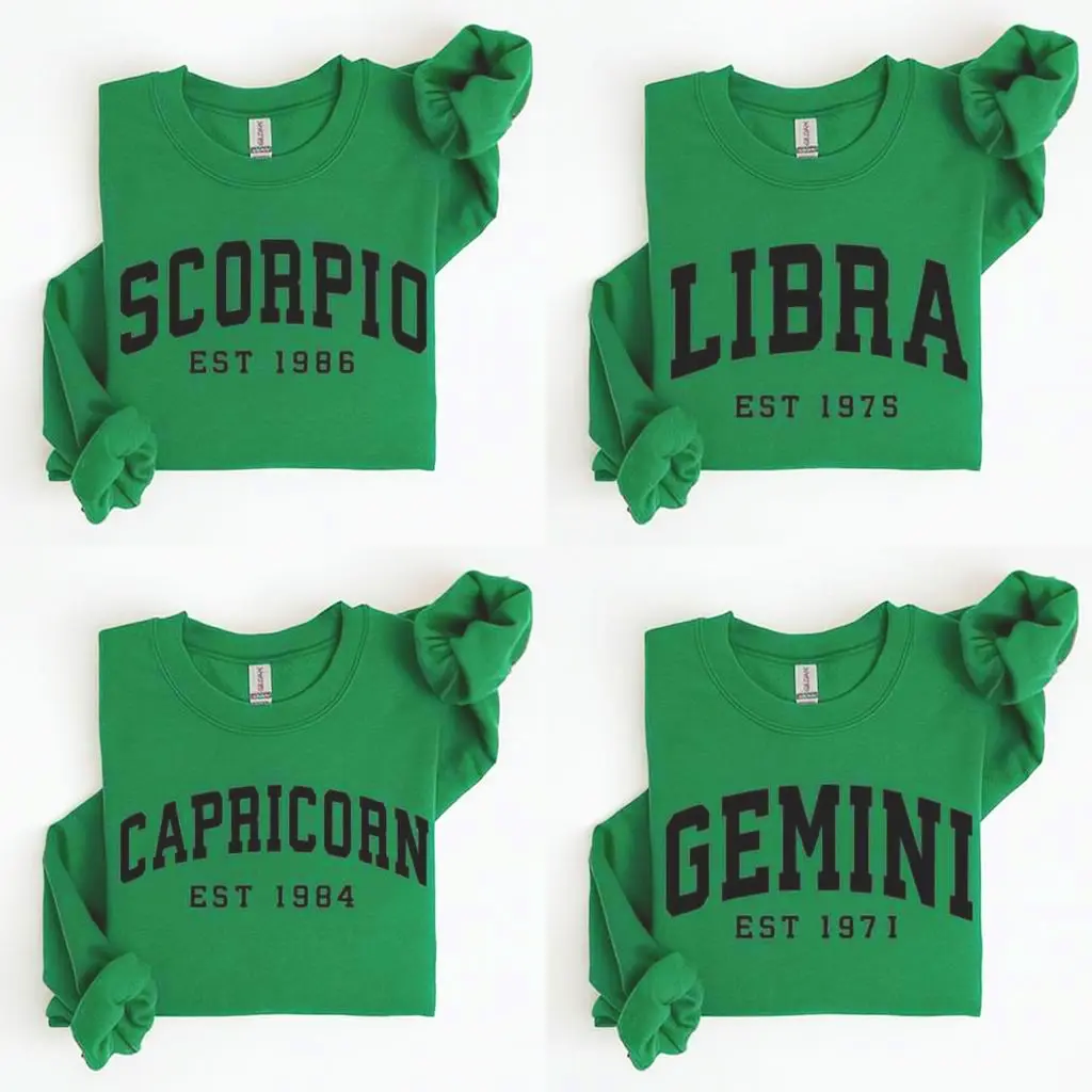 (LEAVE A NOTE OR DM SHOP) Custom Zodiac Sweatshirt/ Tshirt - Irish Green, Personalized Year Astrology Pullover, Unisex Crewneck, Cute Horoscope Birthday Gift, Celestial Sign Outfit 2025 - AL