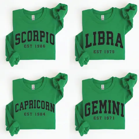 (LEAVE A NOTE OR DM SHOP) Custom Zodiac Sweatshirt/ Tshirt - Irish Green, Personalized Year Astrology Pullover, Unisex Crewneck, Cute Horoscope Birthday Gift, Celestial Sign Outfit 2025 - AL