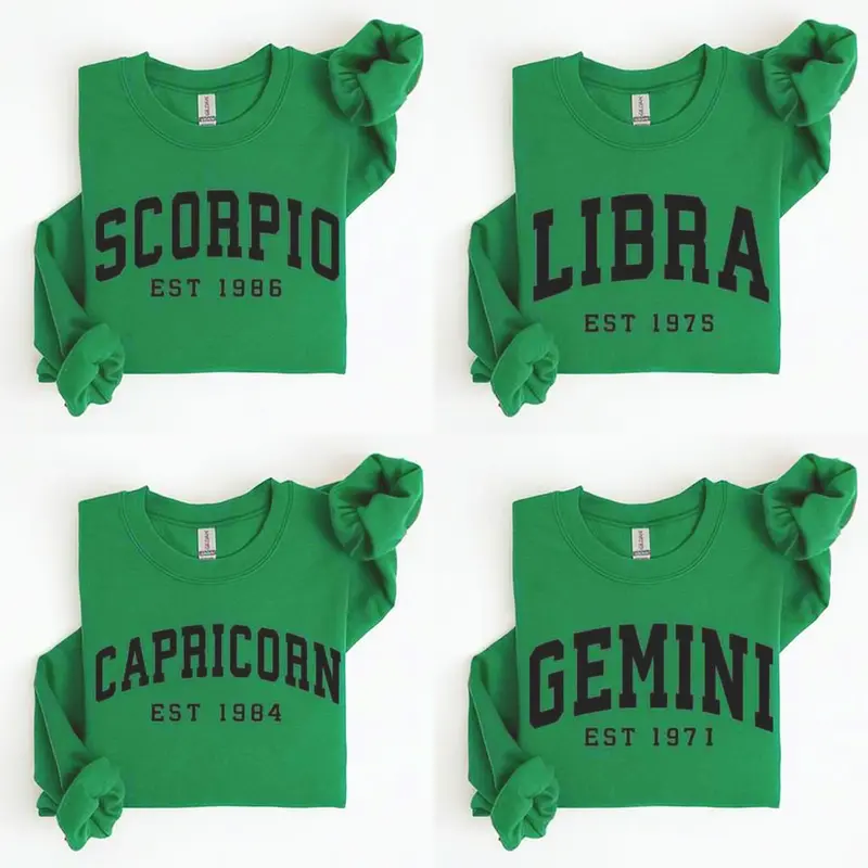 (LEAVE A NOTE OR DM SHOP) Custom Zodiac Sweatshirt/ Tshirt - Irish Green, Personalized Year Astrology Pullover, Unisex Crewneck, Cute Horoscope Birthday Gift, Celestial Sign Outfit 2025 - AL