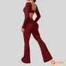 OQQ Women's Fitted Athleisure Jumpsuit - Stretchy Long Sleeve V-Back Yoga Gym Outfit, Wide Legs, Removable Pads, Womenswear Overalls,sohochic