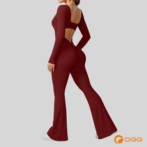 OQQ Women’s Backless Wide Leg Jumpsuit With Removable Built-In Padding – Long Sleeve Stretchy Flared V Back Yoga Romper