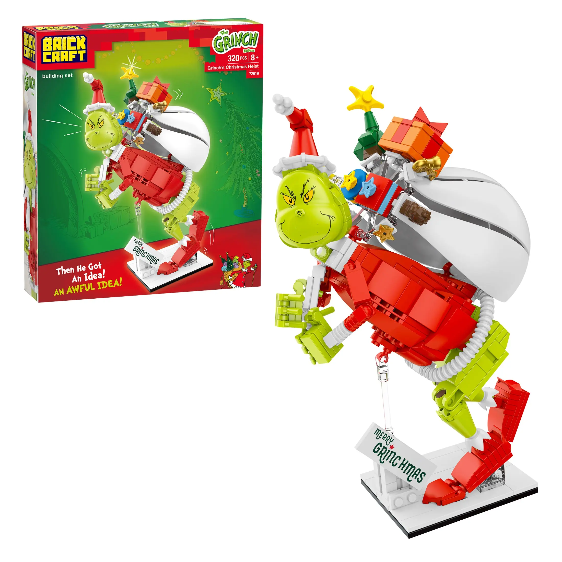 Brickcraft Dr. Seuss The Grinch’s Christmas Heist Building Set, 320-Piece Posable Holiday Collectible with Display Base for Kids & Adults 8+