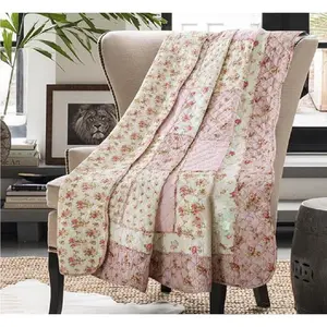 100% Cotton Reversible Patchwork Quilted Throw Blanket for Twin/Full Size Bed, Cute Pink Floral Coverlet for Kid Girls Room Decor