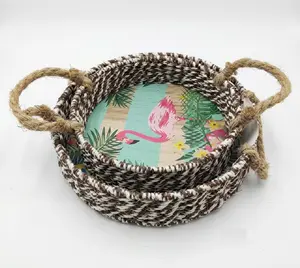 Handwoven Round Storage Trays with Hemp Rope Handles - Large/Small size, Paper Rope Baskets for Coffee Table Decor, Vanity Organizer, and Holiday Gift Baskets
