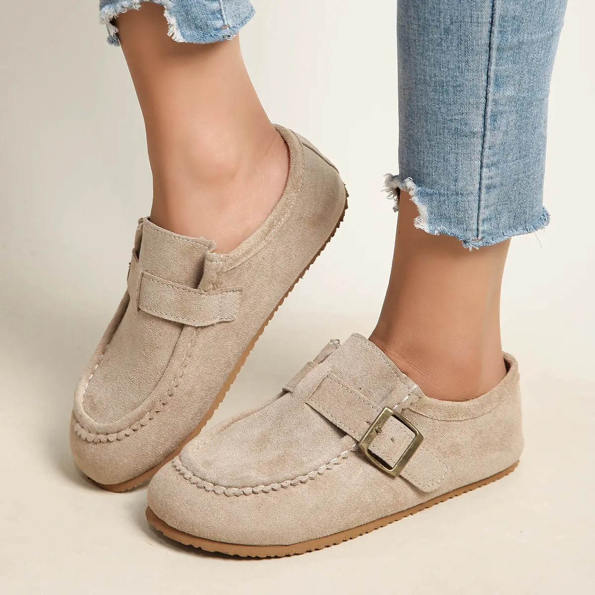 Women’s buckle loafers, slip-on flat moccasins, casual round-toe non-slip soft-soled everyday walking shoes, Commuter Shoes