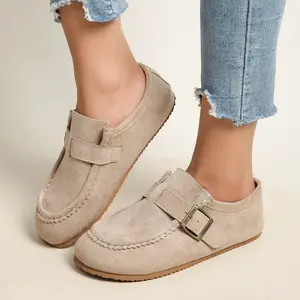 Women’s suede buckle flat loafers, casual slip-on comfortable walking shoes, non-slip round toe moccasins for everyday office and outdoor wear Classic Footwear