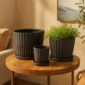 Set of 3 Ceramic Ribbed Indoor Outdoor Planter with Attached Saucer Set of 3 8",6",5"H