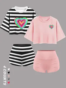 Women's Heart Print Crop Tee & Elastic Waist Shorts Set, Casual Short Sleeve T-shirt & Skinny Shorts, Ladies Summer Clothes, Womenswear