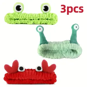 [Cute Spa Headband] 3pcs Soft Polyester Spa Headband Suit |   Cartoon Animal Design Elastic Hair Bands, Non-Slip Face Headband, Suitable for Makeup, Bathing, Skincare - Cute Frog, Snail, Crab Shapes, Suitable for All Hai