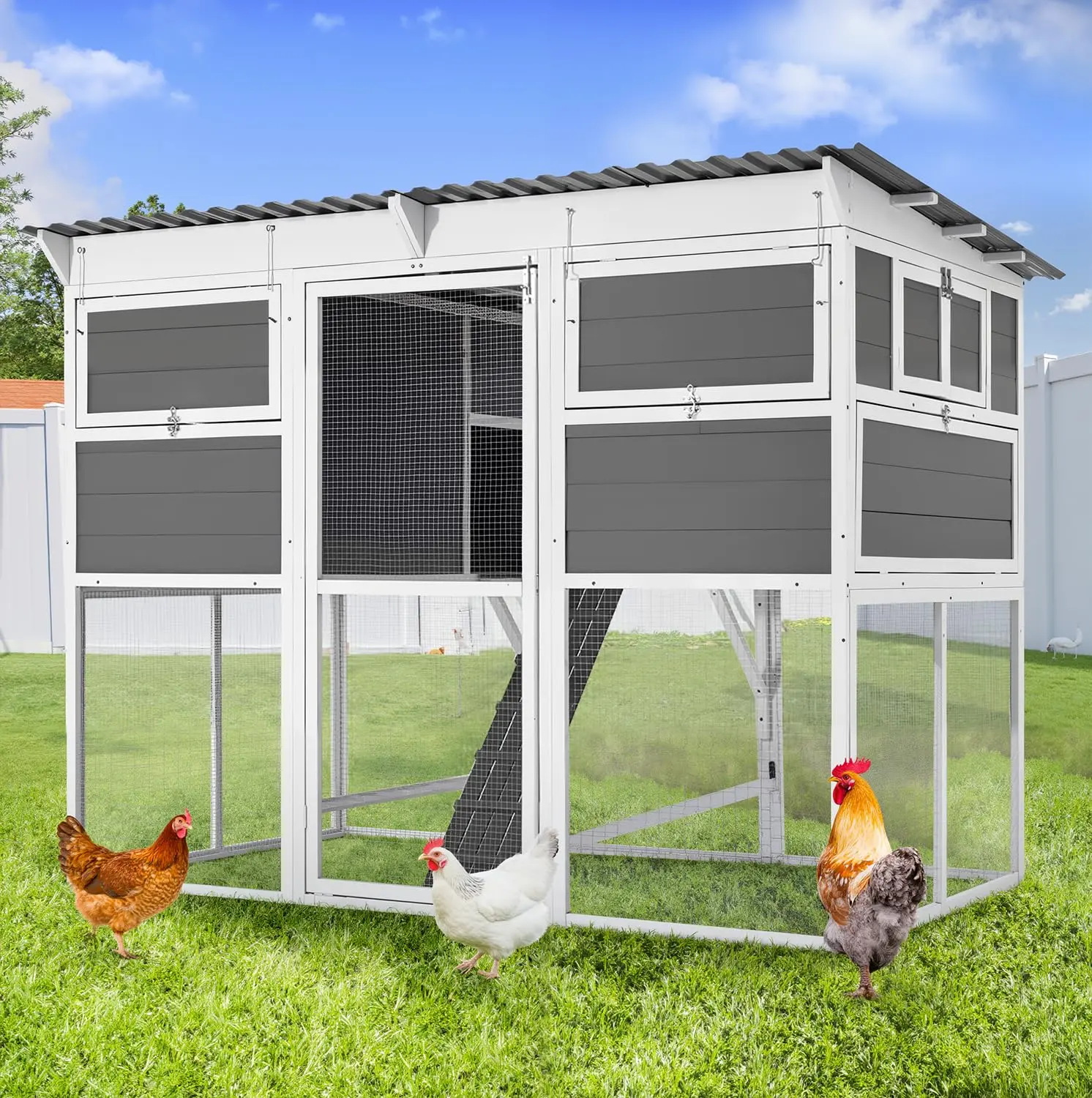 83'' Wooden Chicken Coop with Run, Outdoor Hen House with Roosting Bars & 6 Nesting Boxes, Poultry Cage for 6-10 Chickens, Backyard Pet Hutch with Fence