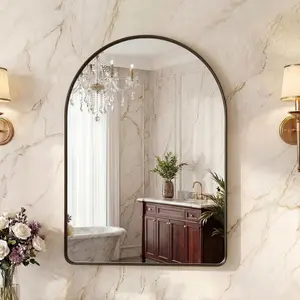 Arched Wall Mirror with Grooved Frame, Bathroom Mirror Over Sink Arched Rounded Rectangle, Modern Vanity Mirror with Matte Metal Deep Frame for Living Room