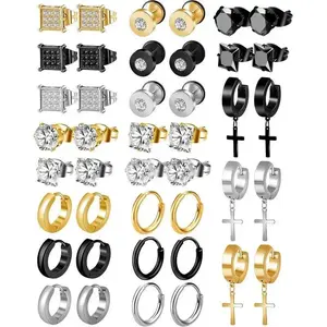 21 Pairs Stainless Steel Earrings for Men Inlaid Cross Dangle Hinged Earrings Hoop CZ Stud Hypoallergenic Earrings Huggie Earrings Set for Women Men Ear Piercing Jewelry Black Steel Gold