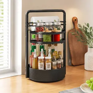 Black Desktop Rotating Tray — 360° Swivel Spice Rack — Double-Tier Rotating Turntable Organizer — Suitable for Kitchen Countertops and Cabinets — Features Integrated Paper Towel Holder — Versatile Kitchen Storage Tray — Black Stand