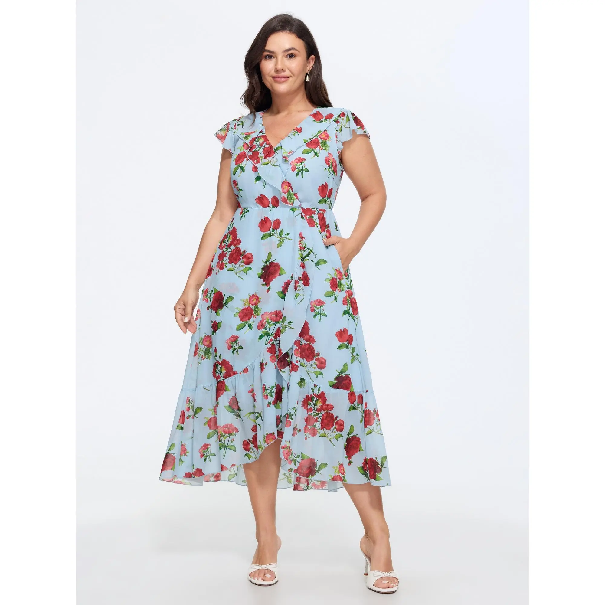 BloomChic Plus Size Women's Romantic Floral Midi Dress in Light Blue Polyester with a Ruffled Neckline and Flowy Flutter Sleeves, Smooth, Garment, Casual, Fabric, Fit, Pocket, Cap Sleeve, Cold Wash, Ruffled V-Neck, Pull On, Casual Wear, Curvy Dresses Plus