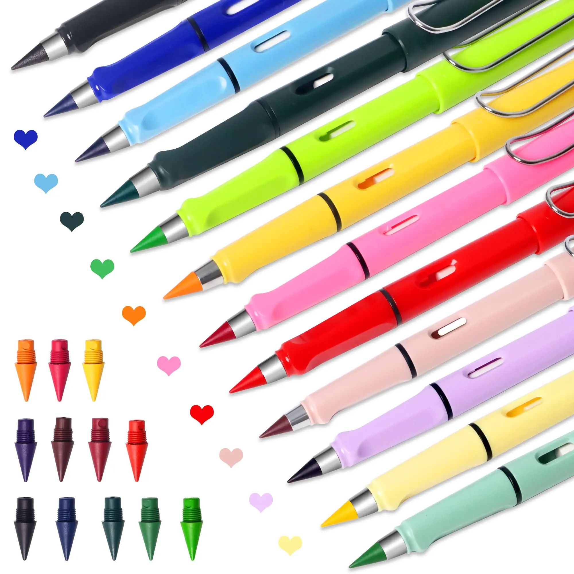 12 Colors Forever Pencil with Erase - Long Lasting Writing Infinity Pencil with Extra 12 Replaceable Heads, Never Sharpen Everlasting Inkless Pencil for Sketch, Drawing, School Supplies
