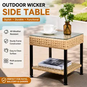 Outdoor Patio Coffee Table with Tempered Glass Top, Handwoven PE Wicker Patio Table with Metal Frame, All-Weather Rattan Coffee Table for Patio Furniture, Balcony, Backyard or Garden